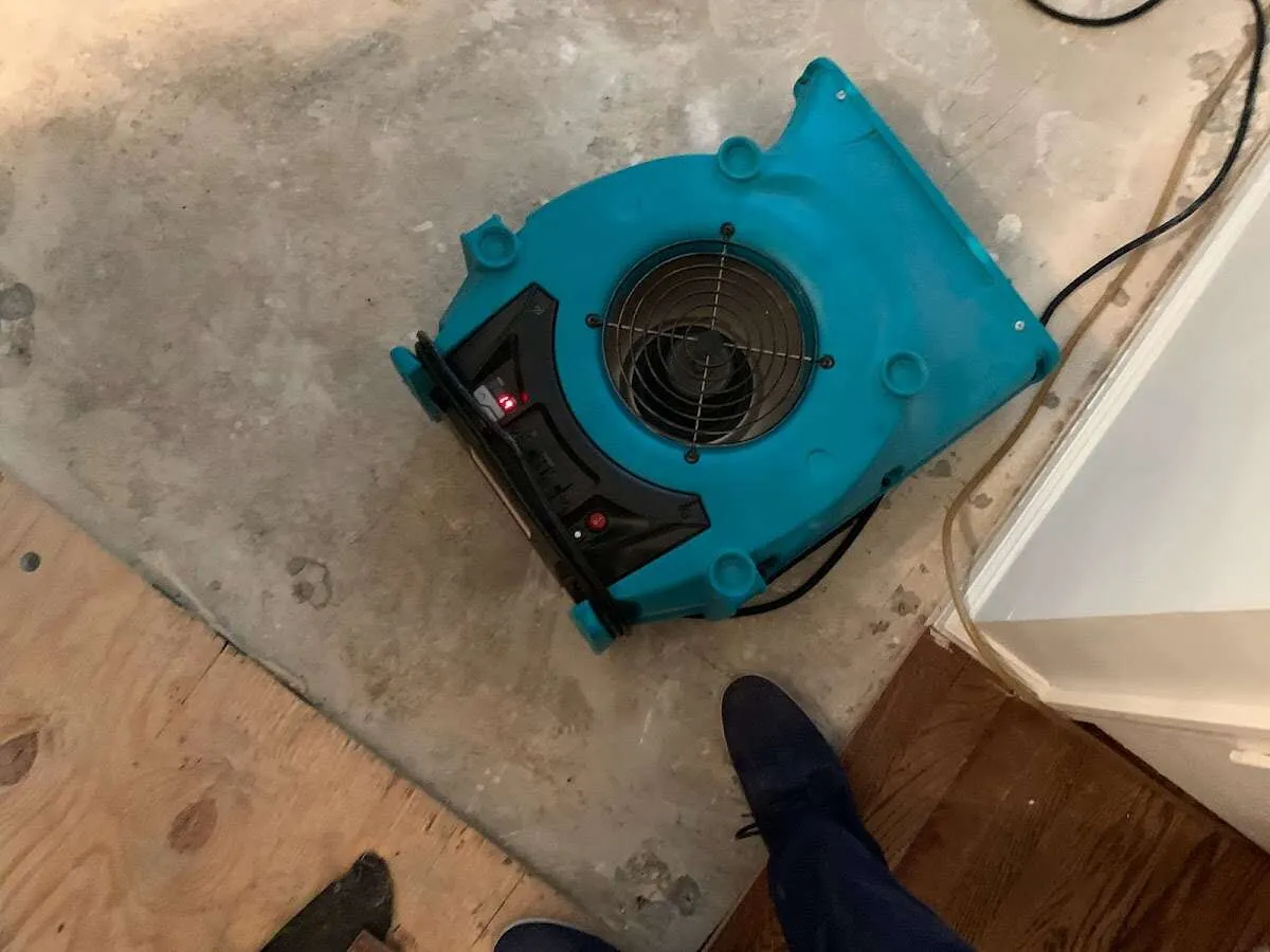 Air mover drying subfloor during Commercial Water Damage Restoration in La Grange Park